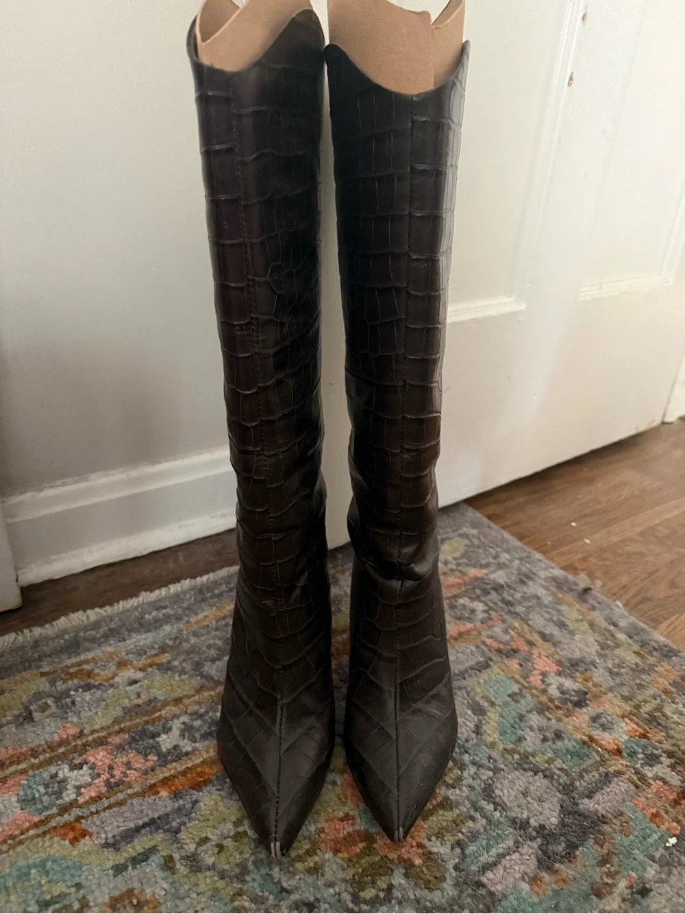 SCHUTZ Croc-Embossed Pointed-Toe Over-the-Knee Boots - Dark Brown
